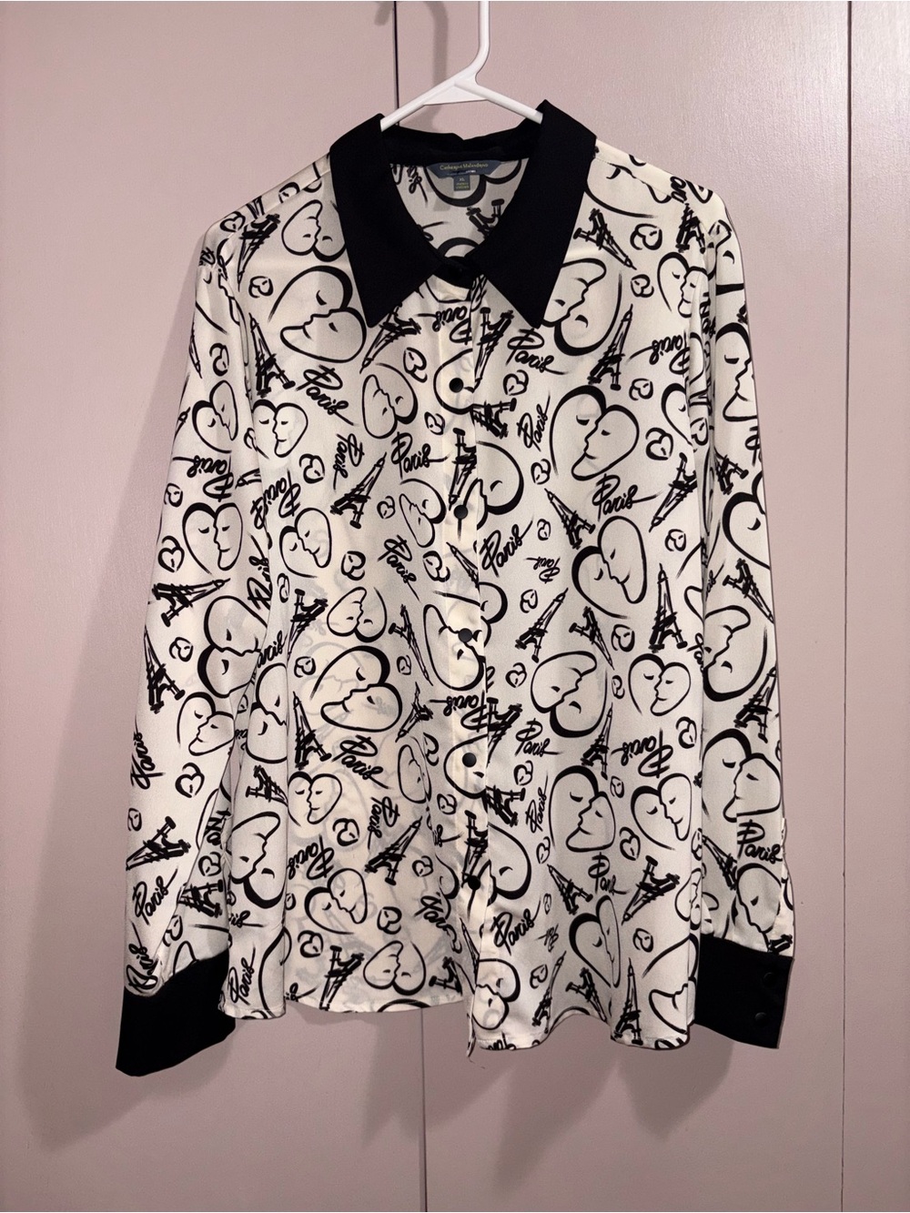Catherine Malandrino Paris Eiffel Tower Heart Lovers Print Cream Black Blouse XL